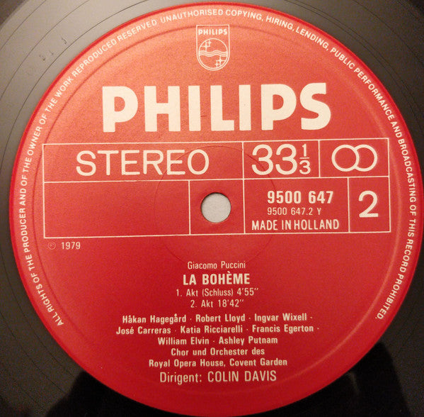 Giacomo Puccini, Katia Ricciarelli • José Carreras • Ashley Putnam • Ingvar Wixell • Håkan Hagegård • Robert Lloyd (4), Royal Opera House, Covent Garden, Sir Colin Davis : La Bohème (2xLP + Box)