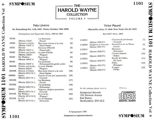 Félia Litvinne, Alfred Cortot, Victor Maurel : The Harold Wayne Collection Volume 9 (CD, Comp)