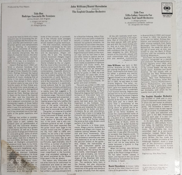 Joaquín Rodrigo / Heitor Villa-Lobos / John Williams (7), Daniel Barenboim, English Chamber Orchestra : Concierto De Aranjuez / Concerto For Guitar And Small Orchestra (LP)