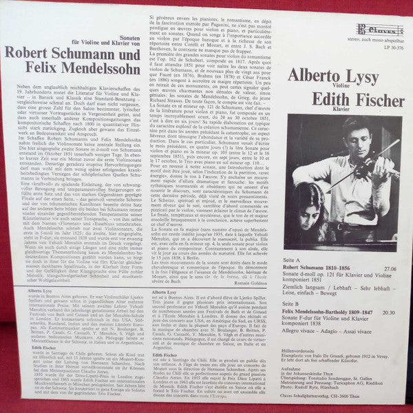 Edith Fischer, Alberto Lysy : Schumann - Mendelssohn (LP)