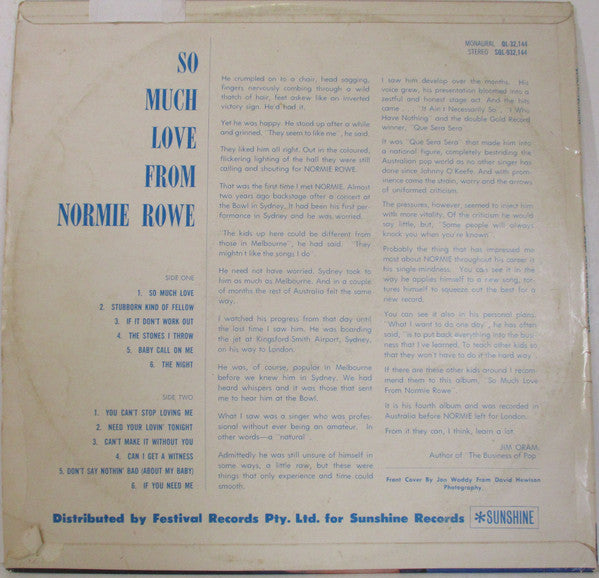 Normie Rowe : So Much Love From Normie Rowe (LP, Album, Mono)