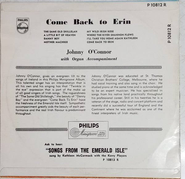 Jonny O'Connor : Come Back To Erin (10", Album)