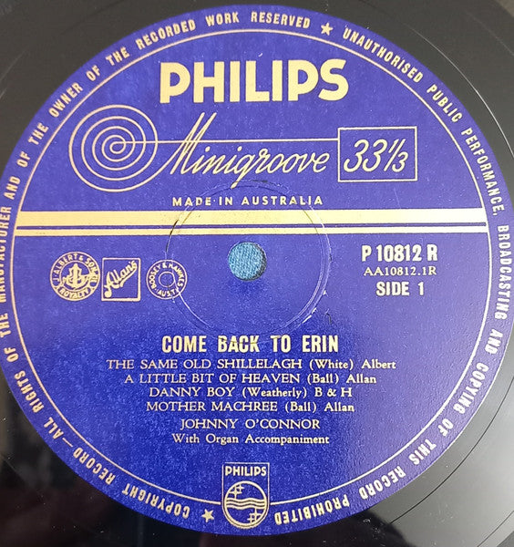 Jonny O'Connor : Come Back To Erin (10", Album)