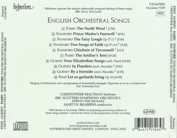 Parry*, Stanford*, Finzi*, Gurney* : Christopher Maltman, BBC Scottish Symphony Orchestra, Martyn Brabbins : English Orchestral Songs (CD, Album)