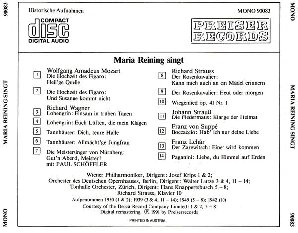 Maria Reining : Maria Reining Singt (CD, Comp, Mono, RM)