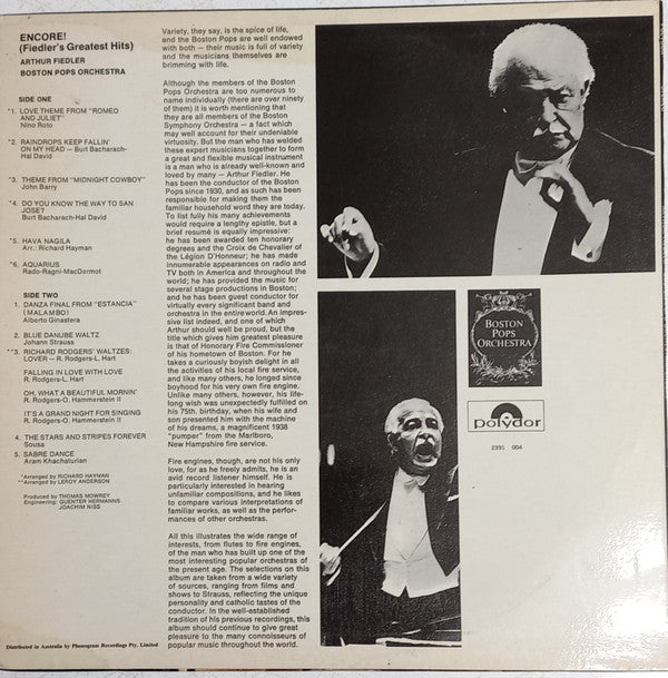 Arthur Fiedler • Boston Pops Orchestra : Encore (Fiedler's Greatest Hits) (LP, Album)