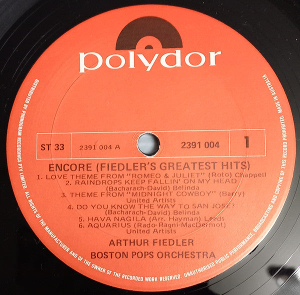 Arthur Fiedler • Boston Pops Orchestra : Encore (Fiedler's Greatest Hits) (LP, Album)