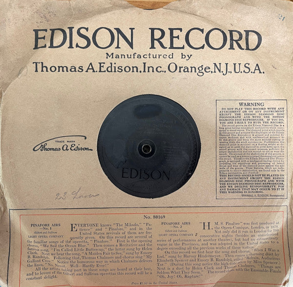Light Opera Company* : Pinafore Airs (Edison Disc, Etc)