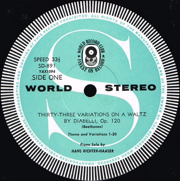 Beethoven*, Hans Richter-Haaser :  Thirty-Three Variations On A Waltz By Diabelli (LP, Album, Club)