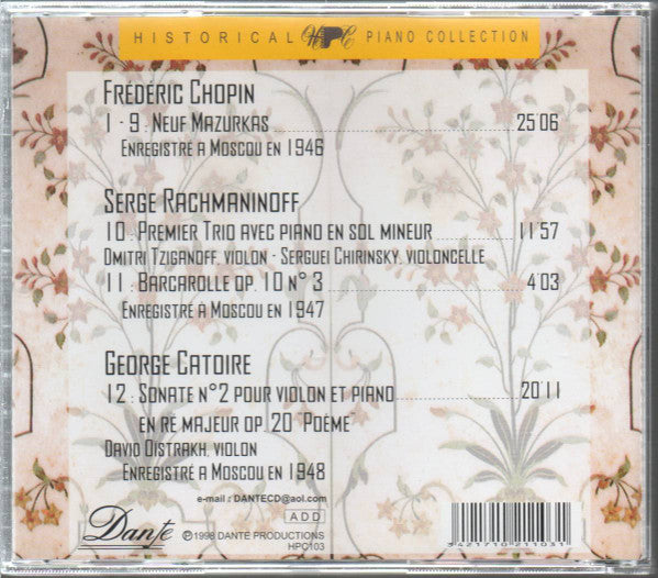 Alexander Goldenweiser - Frédéric Chopin / Sergei Vasilyevich Rachmaninoff / Georgy Catoire : Alexandre Goldenweiser (Volume I): Neuf Mazurkas / Piano Trio; Barcarolle / Sonate N°2 (CD, Album, Comp)