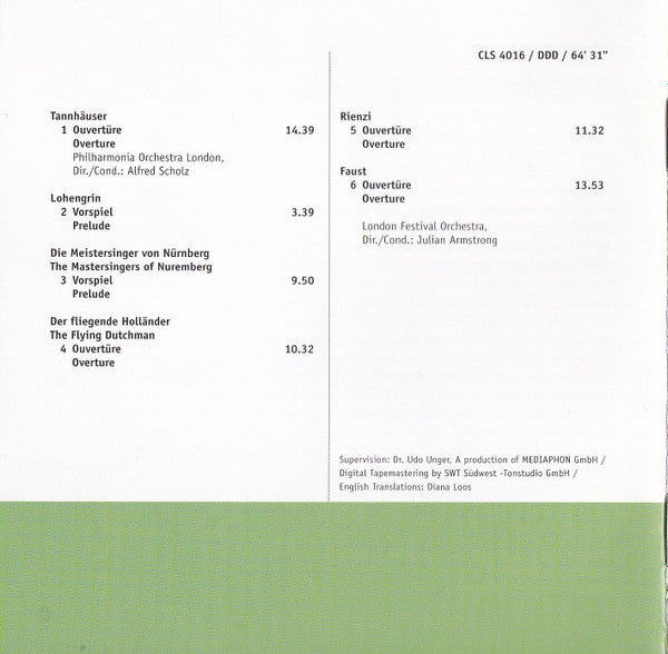 Richard Wagner - Philharmonia Orchestra London*, Alfred Scholz, London Festival Orchestra (2), Julian Armstrong : Große Ouvertüren = Great Overtures (CD, Comp)