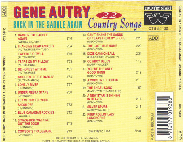 Gene Autry : Back In The Saddle Again - 22 Country Songs (CD, Comp)