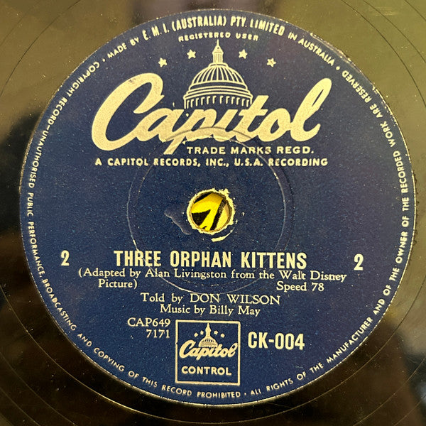 Don Wilson (4) / Billy May : Walt Disney's Three Orphan Kittens (Shellac, 10")