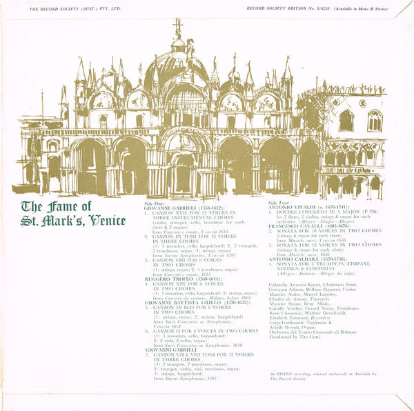 G. Gabrieli*, Vivaldi*, Grillo*, Trofeo*, Cavalli*, Caldara* , Solists &  Orchestra Del Teatro Comunale Di Bologna , Conducted By Tito Gotti : The Fame Of St Mark's, Venice. Music For Instrumental Choirs (LP, Album, Club, Gat)