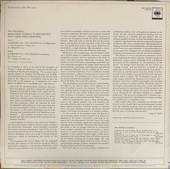 Bernstein* Conducts Beethoven* • New York Philharmonic : Symphony No. 7 (LP)