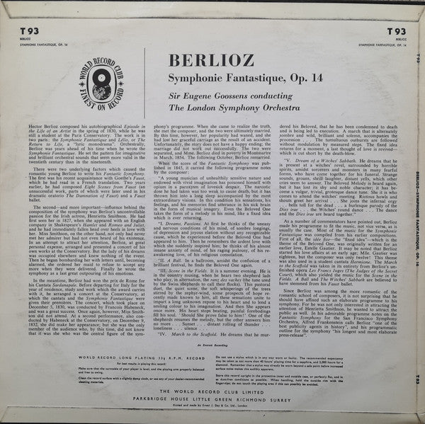 Berlioz* - London Symphony Orchestra Conducted By Sir Eugene Goossens : Symphonie Fantastique (LP, Club, RE)