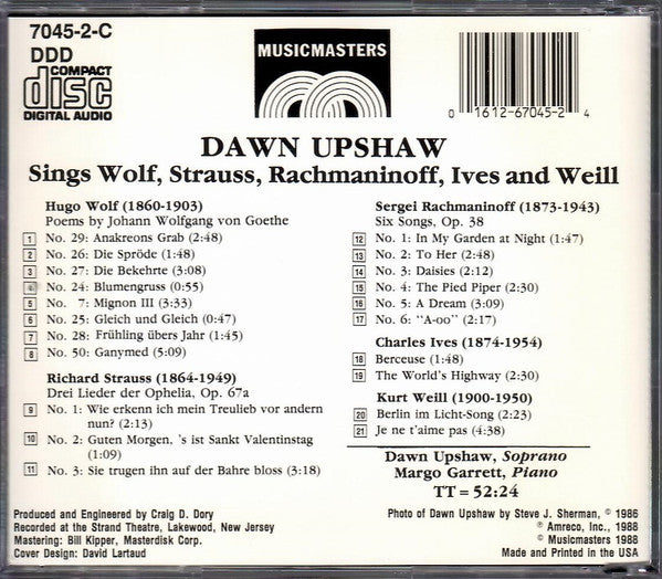 Hugo Wolf, Charles Ives, Kurt Weill, Sergei Vasilyevich Rachmaninoff, Richard Strauss, Dawn Upshaw, Margo Garrett : Naumburg Present Dawn Upshaw, Soprano (CD, Album)