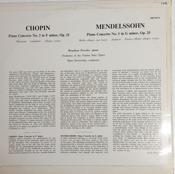 Frédéric Chopin Chopin Felix Mendelssohn-Bartholdy : Chopin Piano Concerto no.2 in F Minor - Mendelssohn Piano Concerto no.1 in G Minor (LP, Fli)