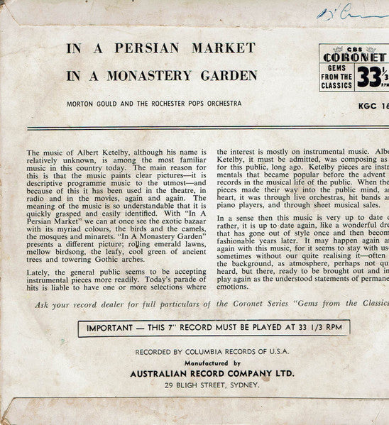 Morton Gould Conducting Eastman-Rochester Orchestra : In A Persian Market / In A Monastery Garden (7")
