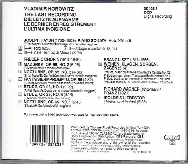 Horowitz*, Chopin* · Haydn* · Liszt* · Wagner* : The Last Recording (CD, Album)