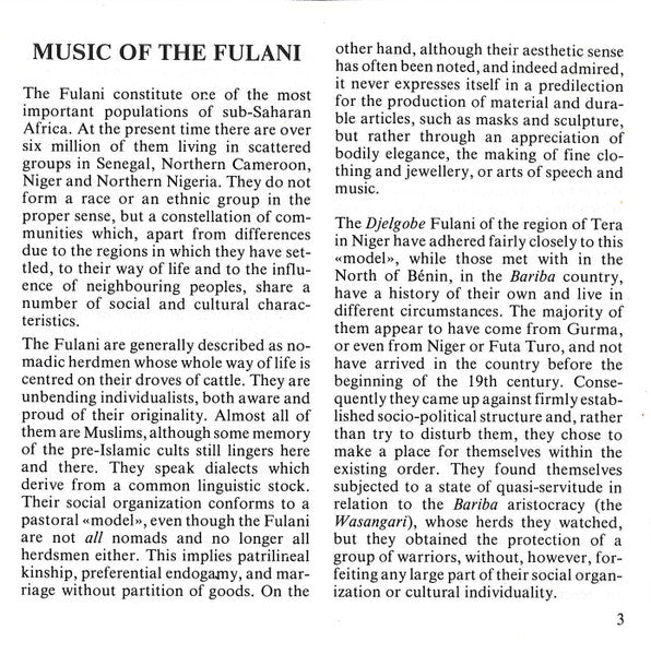 The Fulani* : Niger / Northern Bénin: Music Of The Fulani / Musique Des Peuls (CD, Album, RE)