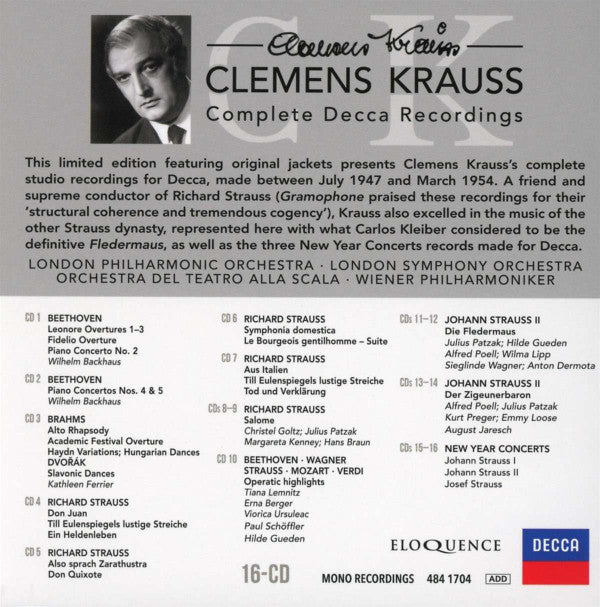 Clemens Krauss, Wiener Philharmoniker : Clemens Krauss - Complete Decca Recordings (16xCD, Comp, Mono, RE, RM)