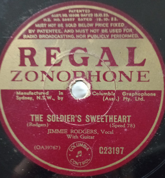 Jimmie Rodgers : The Soldier's Sweetheart / Sleep, Baby, Sleep (Shellac, 10")