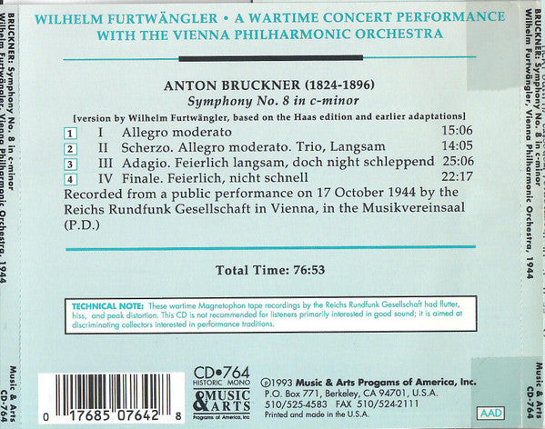 Wilhelm Furtwängler Conducts Bruckner*, Vienna Philharmonic Orchestra* : Symphony No. 8 In C (Version By Furtwangler Based On The Haas Edition) (CD, Mono)