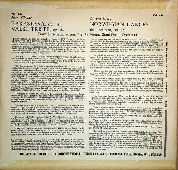Edvard Grieg / Jean Sibelius – Franz Litschauer, Orchester Der Wiener Staatsoper : Norwegian Dances, Op. 35 /  Valse Triste, Op. 44 / Rakastava Op 14 (LP, Album, Mono)