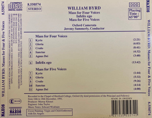 William Byrd - Oxford Camerata, Jeremy Summerly : Mass For Four Voices / Mass For Five Voices / Infelix Ego (CD, Album, RE)
