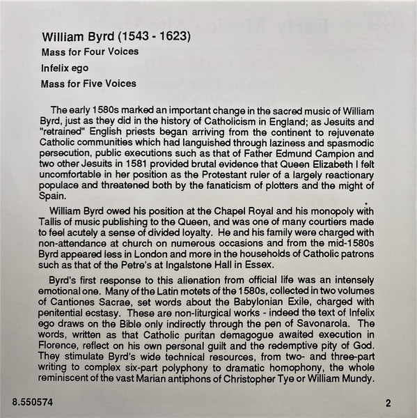 William Byrd - Oxford Camerata, Jeremy Summerly : Mass For Four Voices / Mass For Five Voices / Infelix Ego (CD, Album, RE)