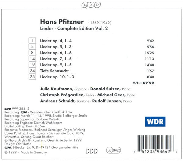 Hans Pfitzner - Julie Kaufmann ∙ Donald Sulzen ∙ Christoph Prégardien ∙ Michael Gees ∙ Andreas Schmidt (2) ∙ Rudolf Jansen : Lieder Complete Edition Vol. 2 (CD, Album)