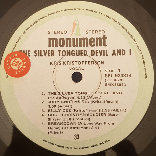 Kris Kristofferson : The Silver Tongued Devil And I (LP, Album, Tex)