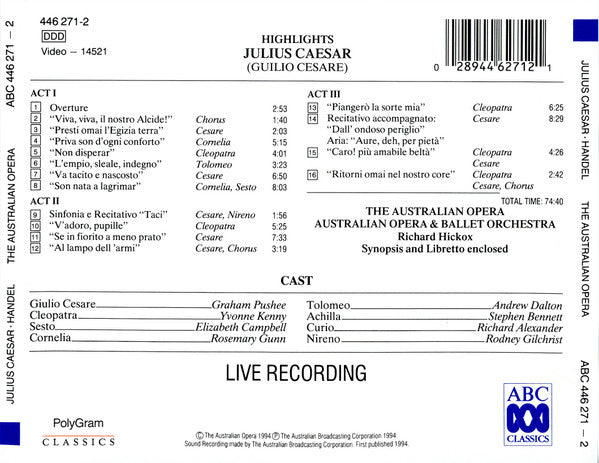 Georg Friedrich Händel, Richard Hickox, Graham Pushee, Yvonne Kenny, The Australian Opera & Ballet Orchestra : Julius Caesar Highlights (CD, Album)