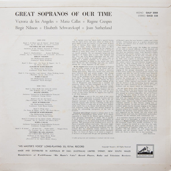 Maria Callas, Victoria De Los Angeles, Birgit Nilsson, Régine Crespin, Joan Sutherland, Elisabeth Schwarzkopf : Great Sopranos Of Our Time (LP, Comp, Mono)