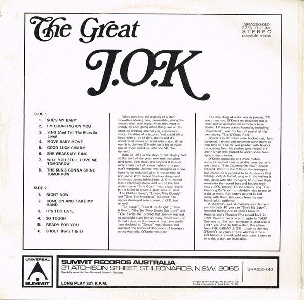Johnny O'Keefe : The Great J.O.K (LP, Comp)