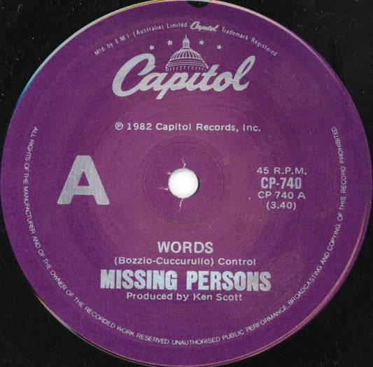 Missing Persons : Words (7", Single)