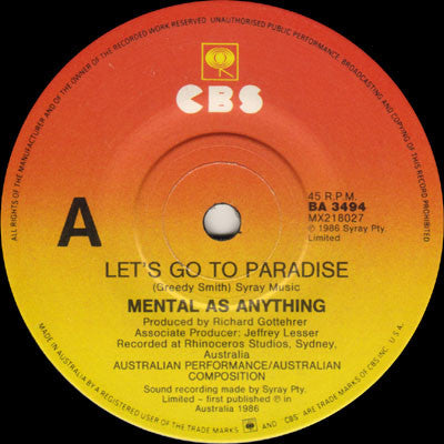 Mental As Anything : Let's Go To Paradise (7", Single)