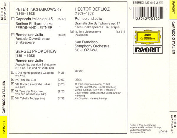 Pyotr Ilyich Tchaikovsky • Sergei Prokofiev • Hector Berlioz : Capriccio Italien • Romeo Und Julia (CD, Comp)