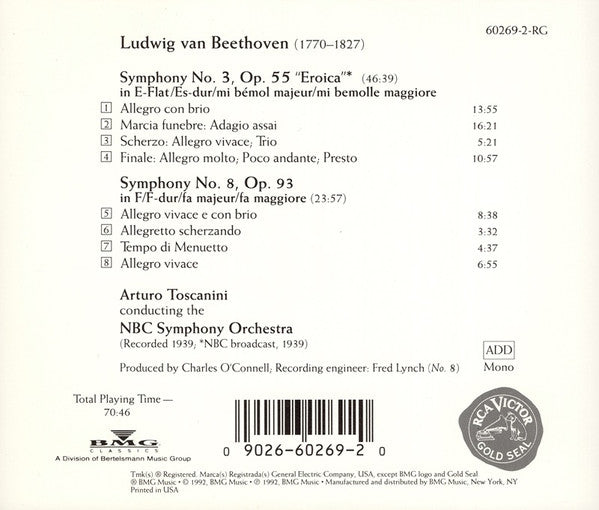 Beethoven*, Arturo Toscanini, NBC Symphony Orchestra : Symphonies No. 3 "Eroica" & No. 8 (CD, Comp, Mono, RE, RM)