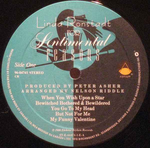 Linda Ronstadt With Nelson Riddle & His Orchestra* : For Sentimental Reasons (LP, Album)