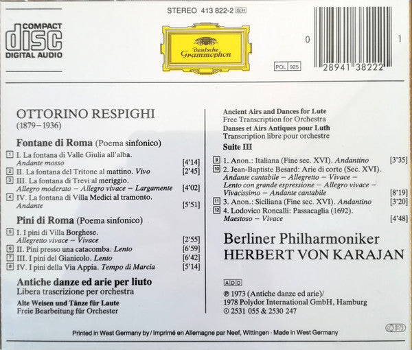 Ottorino Respighi : Berliner Philharmoniker / Herbert von Karajan : Fontane Di Roma • Pini Di Roma (CD, RE, PDO)