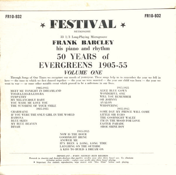 Frank Barcley His Piano And Rhythm : 50 Years Of Evergreens 1905 - 1955 - Volume One (10", Comp)