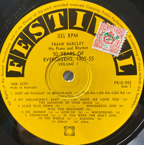 Frank Barcley His Piano And Rhythm : 50 Years Of Evergreens 1905 - 1955 - Volume One (10", Comp)