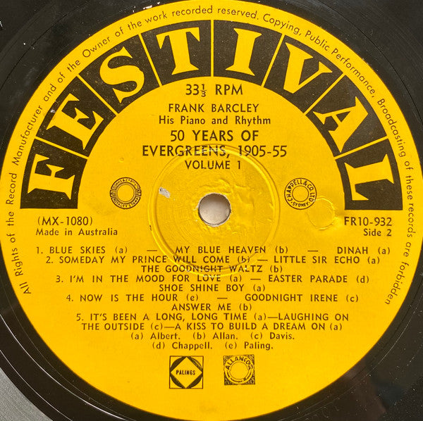 Frank Barcley His Piano And Rhythm : 50 Years Of Evergreens 1905 - 1955 - Volume One (10", Comp)