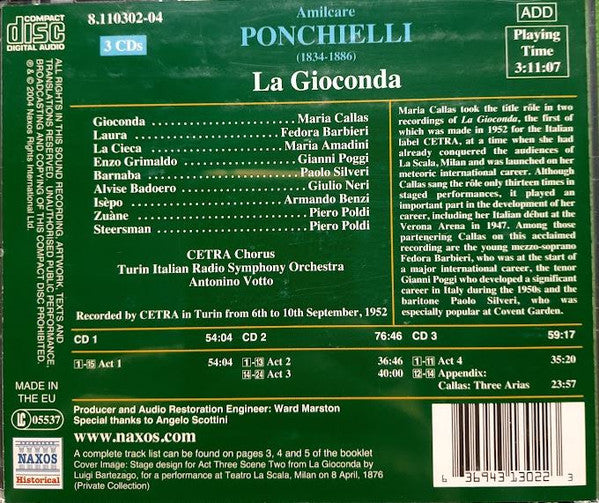 Amilcare Ponchielli / Maria Callas, Fedora Barbieri, Gianni Poggi, Paolo Silveri, Giulio Neri, Orchestra Sinfonica* E Coro Dell' Eiar Di Torino*, A. Votto*, G. Mogliotti* : La Gioconda (3xCD, Album, Mono, RE, RM)