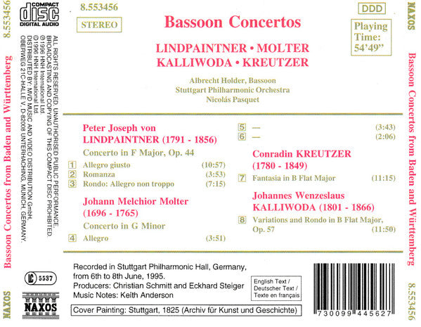 Peter Joseph von Lindpaintner • Johann Melchior Molter • Jan Kalivoda • Konradin Kreutzer • Albrecht Holder, Stuttgarter Philharmoniker, Nicolás Pasquet : Bassoon Concertos From The Courts Of Baden And Württemberg (CD)