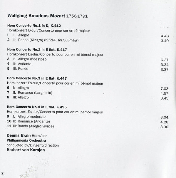 Mozart* / Dennis Brain, Herbert von Karajan, Philharmonia Orchestra, Colin Horsley, Dennis Brain Wind Ensemble : Horn Concertos Nos.1-4 • Quintet K.452 (CD, Comp, Mono, RM)