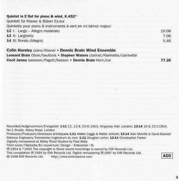 Mozart* / Dennis Brain, Herbert von Karajan, Philharmonia Orchestra, Colin Horsley, Dennis Brain Wind Ensemble : Horn Concertos Nos.1-4 • Quintet K.452 (CD, Comp, Mono, RM)