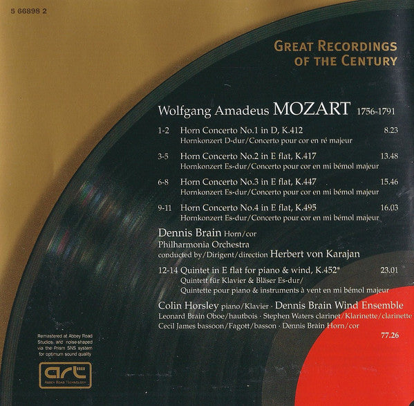 Mozart* / Dennis Brain, Herbert von Karajan, Philharmonia Orchestra, Colin Horsley, Dennis Brain Wind Ensemble : Horn Concertos Nos.1-4 • Quintet K.452 (CD, Comp, Mono, RM)